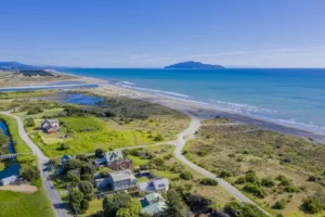 Aerial view of coastal Queensland suburb with beachfront properties — ideal location to buy investment property