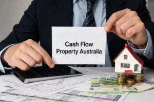 Investor calculating Australian property investment cash flow with house model and rental income documents