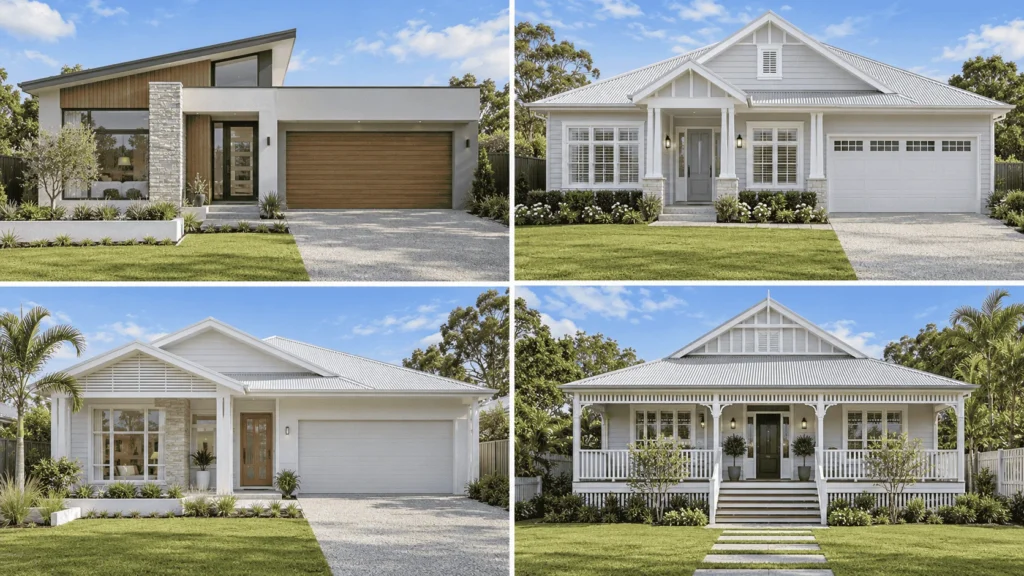 Four Australian house facade designs showing Modern, Hamptons, Coastal and Queenslander home styles