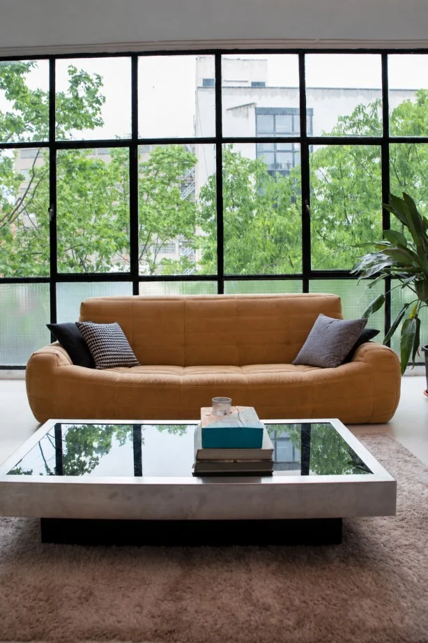 Contemporary living room with tan sofa, large black-framed windows and modern coffee table